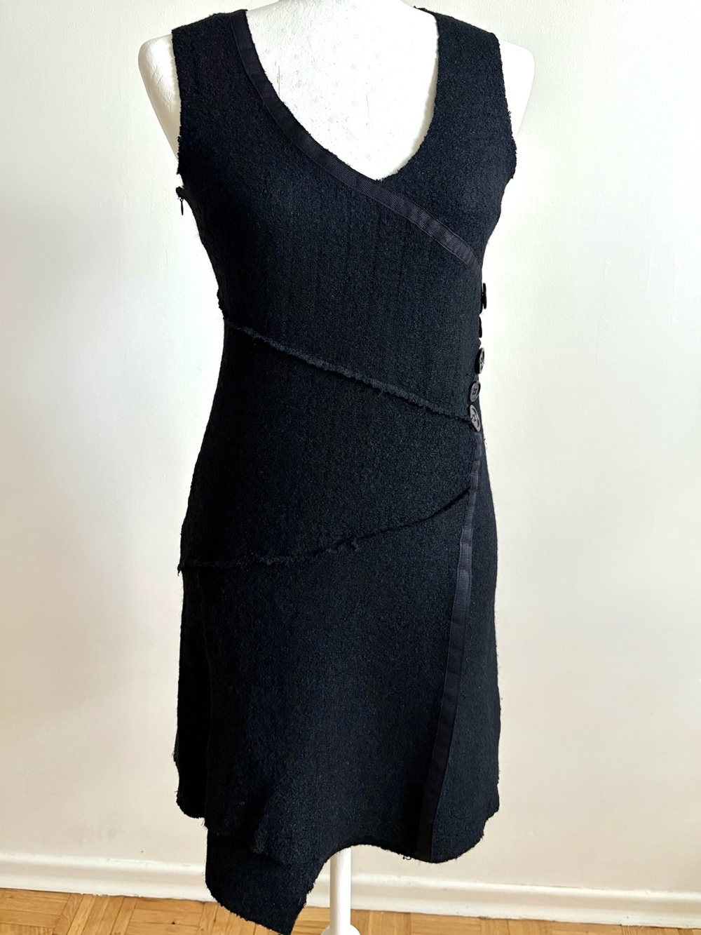Coco & Tashi Black Wool Blend Asymmetric Boucle Mini Dress, Black Small